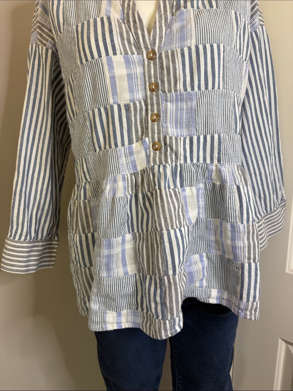 Anthropologie Maeve Stripe Patchwork Swing Shirt Henley Zoe Linen Top Blue Sz S - Picture 6 of 14
